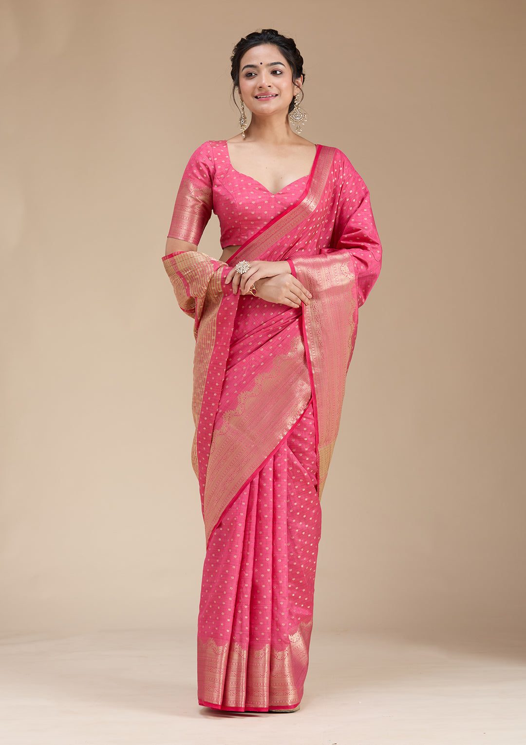 Pink Silk Buti Gold Zariwork Saree With Matching Blouse Piece