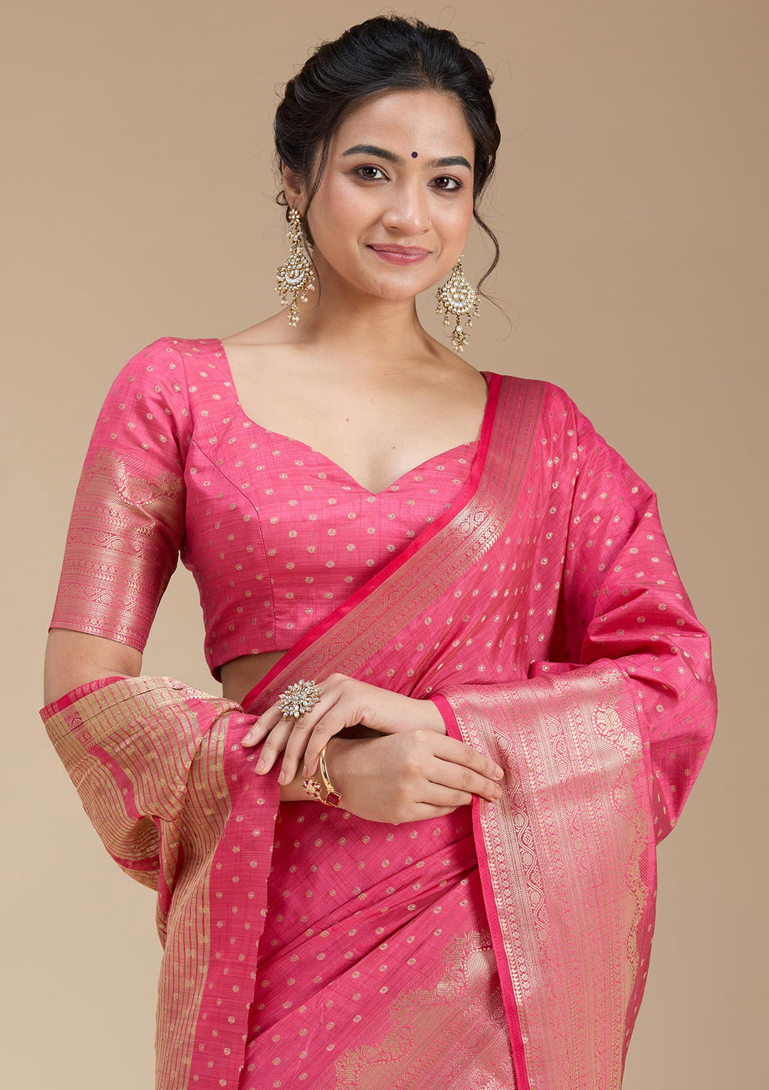 Pink Silk Buti Gold Zariwork Saree With Matching Blouse Piece