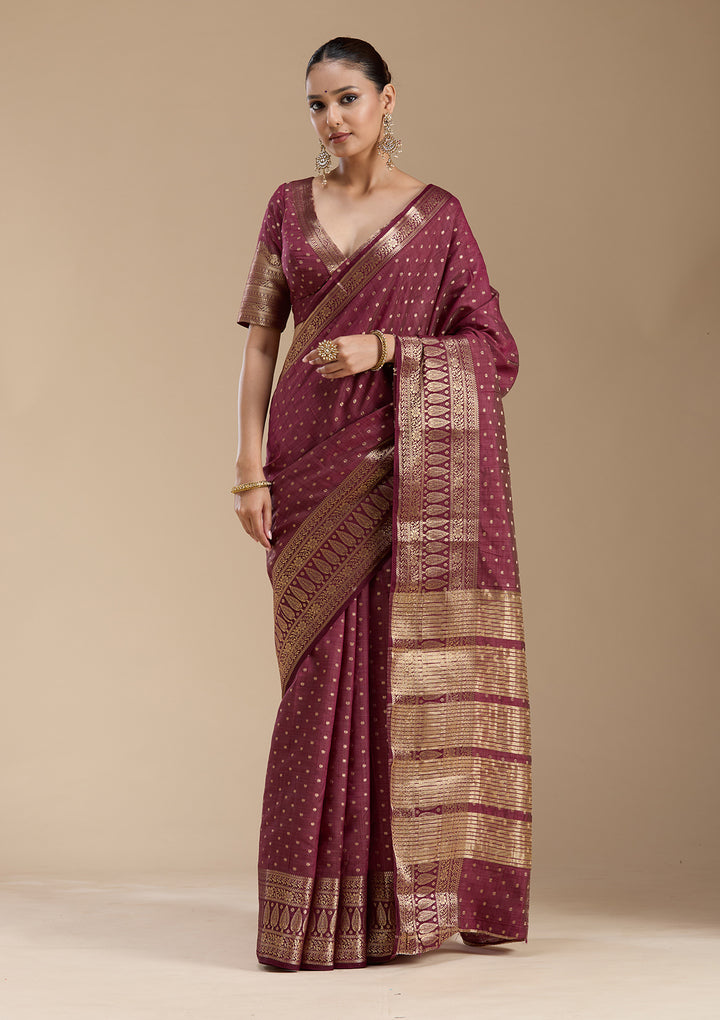 Maroon Silk Buti Gold Zariwork Saree With Matching Blouse Piece