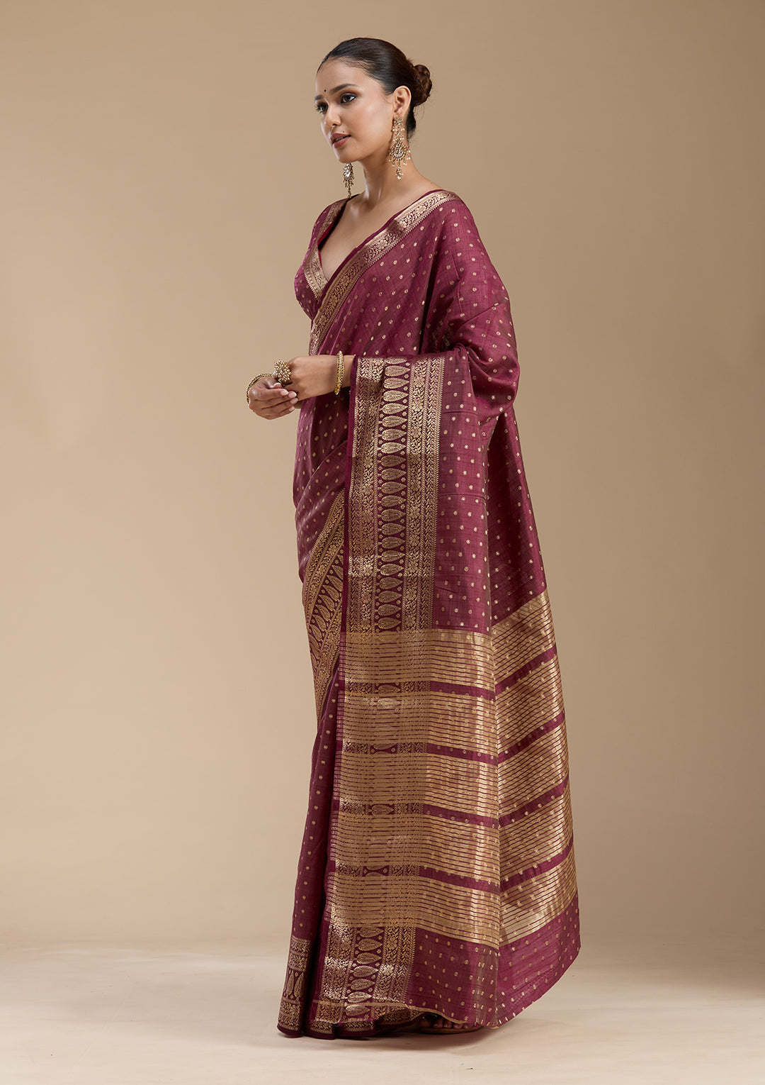 Maroon Silk Buti Gold Zariwork Saree With Matching Blouse Piece