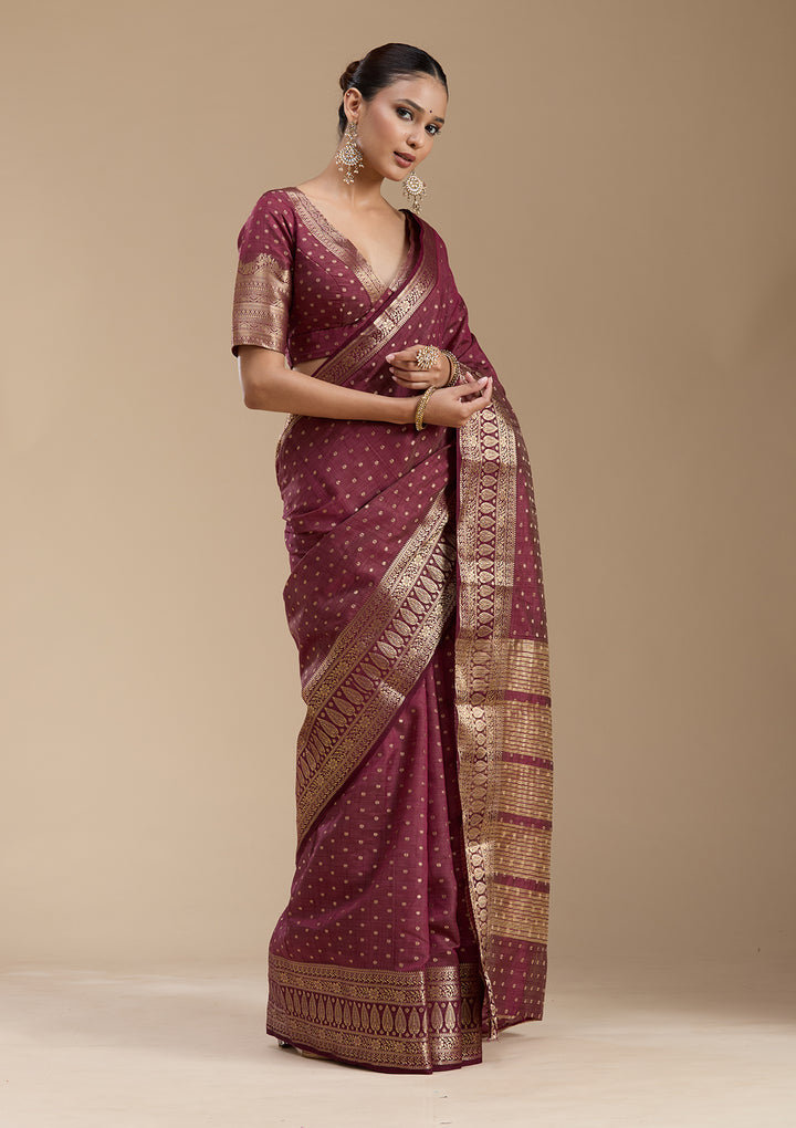 Maroon Silk Buti Gold Zariwork Saree With Matching Blouse Piece
