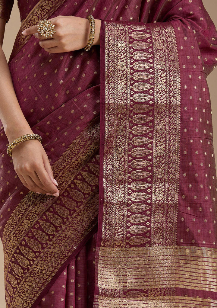 Maroon Silk Buti Gold Zariwork Saree With Matching Blouse Piece