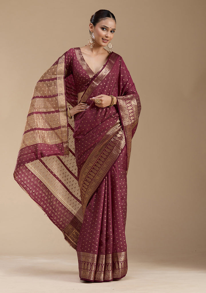 Maroon Silk Buti Gold Zariwork Saree With Matching Blouse Piece
