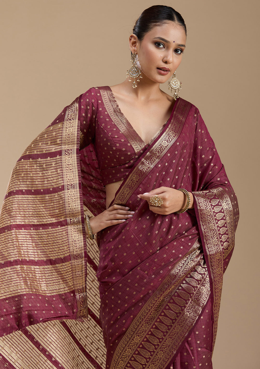 Maroon Silk Buti Gold Zariwork Saree With Matching Blouse Piece