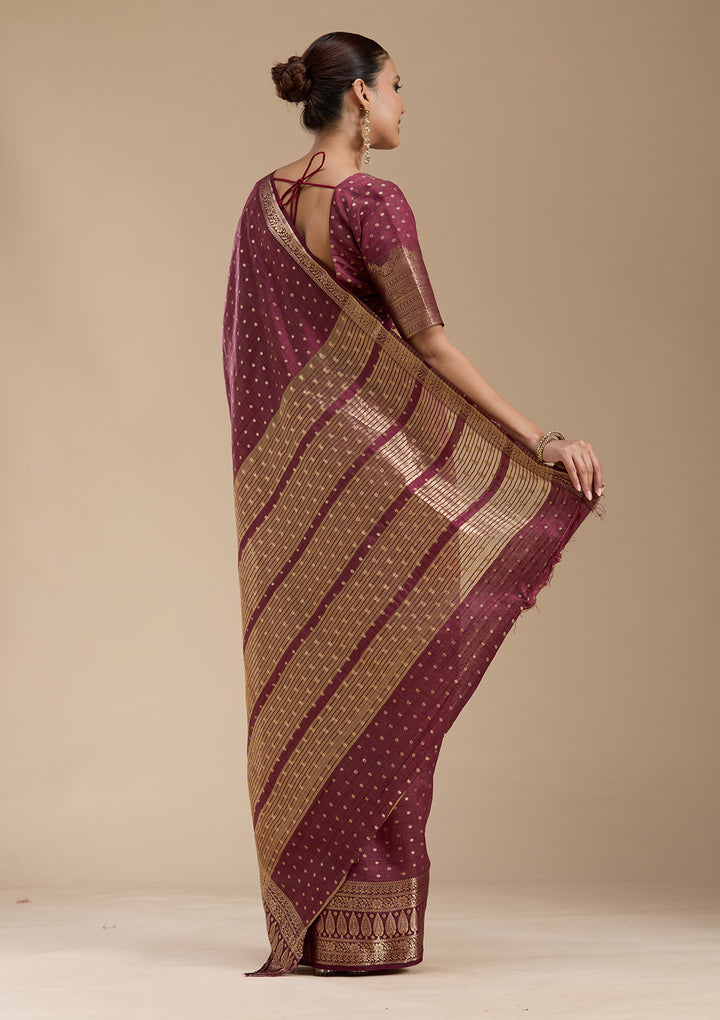 Maroon Silk Buti Gold Zariwork Saree With Matching Blouse Piece