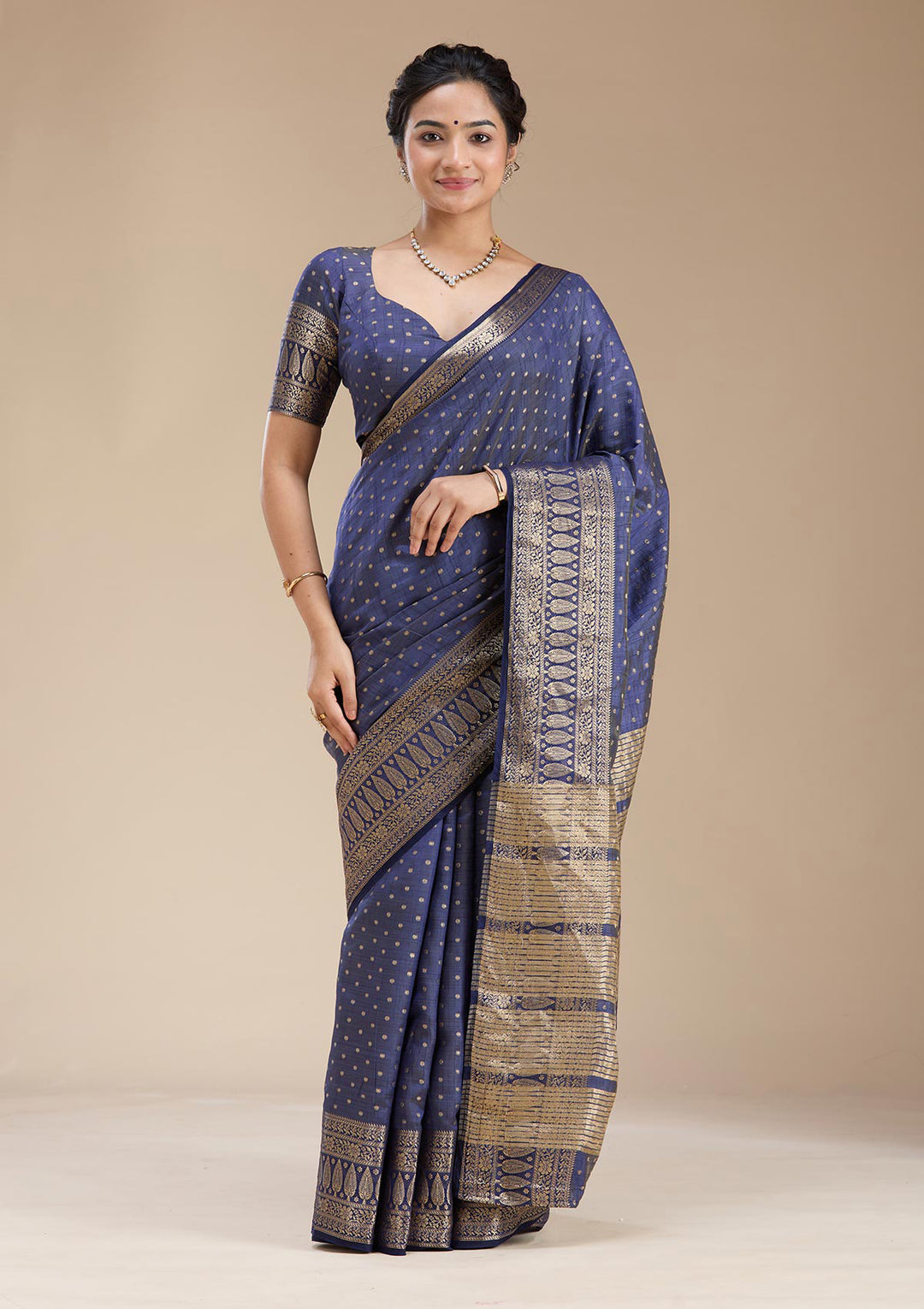 Navy Blue Silk Buti Gold Zariwork Saree With Matching Blouse Piece