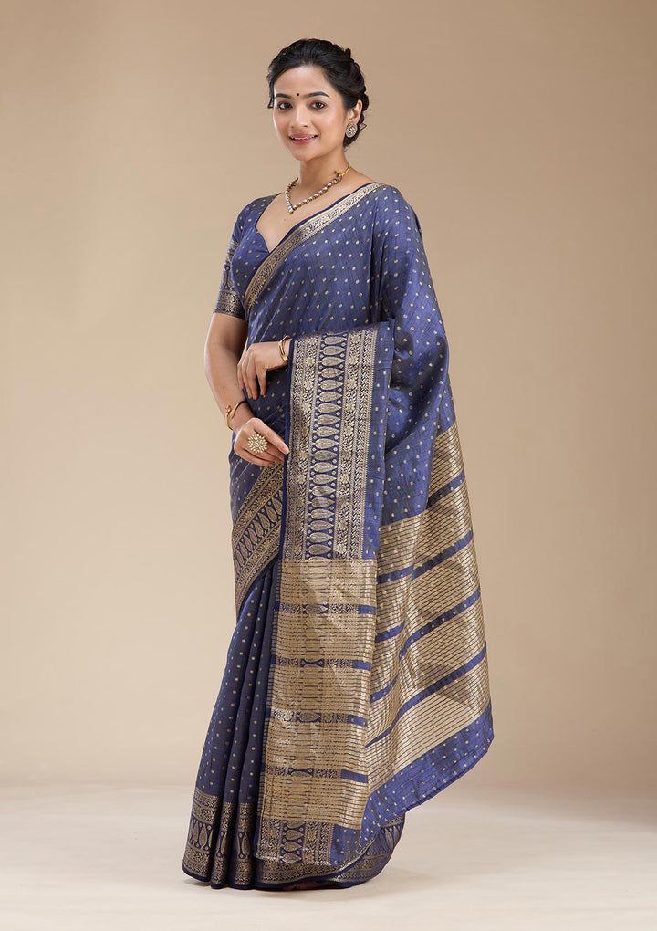 Navy Blue Silk Buti Gold Zariwork Saree With Matching Blouse Piece