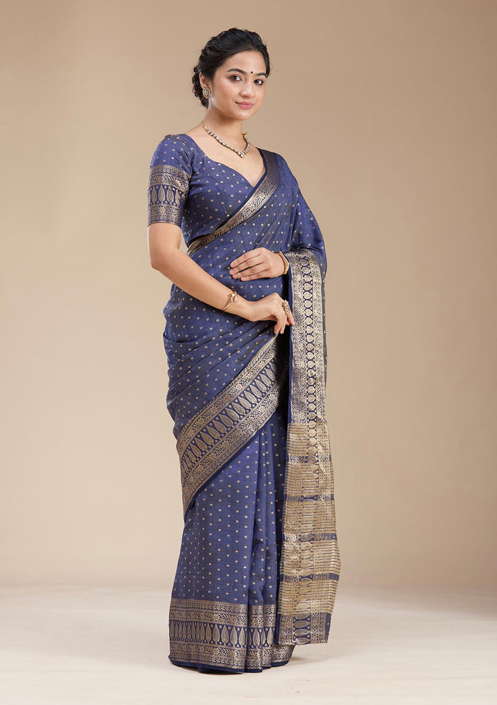 Navy Blue Silk Buti Gold Zariwork Saree With Matching Blouse Piece