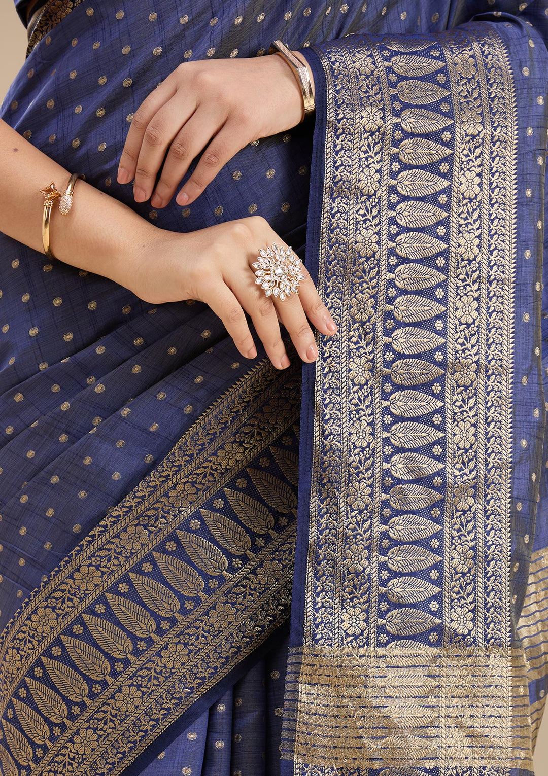 Navy Blue Silk Buti Gold Zariwork Saree With Matching Blouse Piece