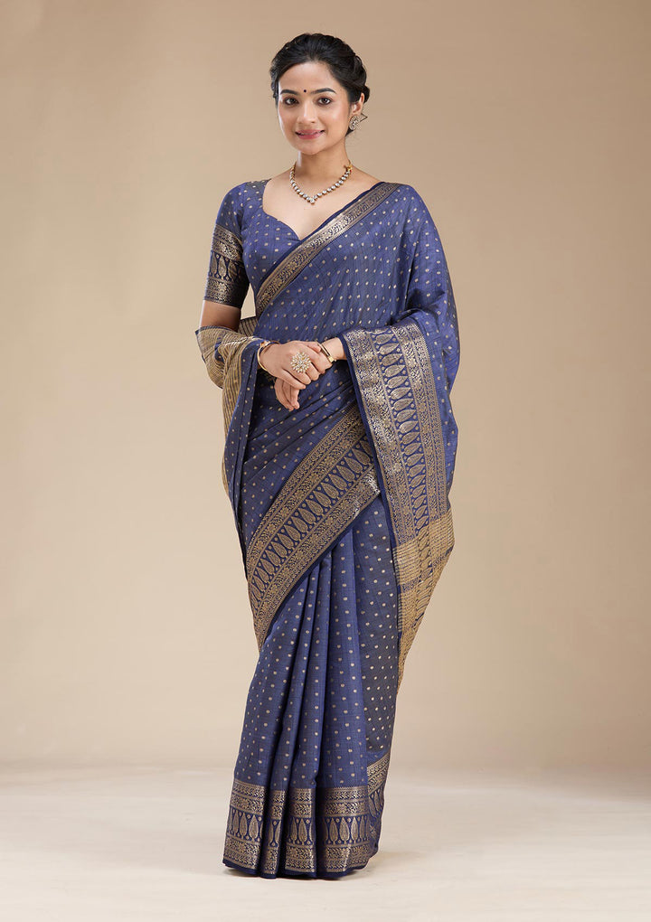 Navy Blue Silk Buti Gold Zariwork Saree With Matching Blouse Piece