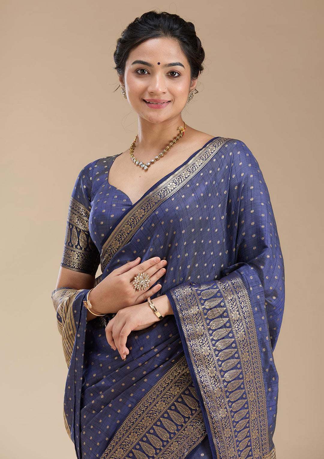 Navy Blue Silk Buti Gold Zariwork Saree With Matching Blouse Piece