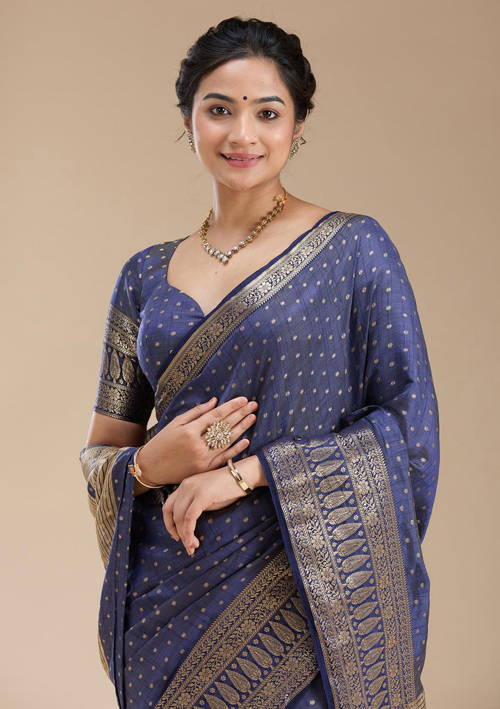 Navy Blue Silk Buti Gold Zariwork Saree With Matching Blouse Piece