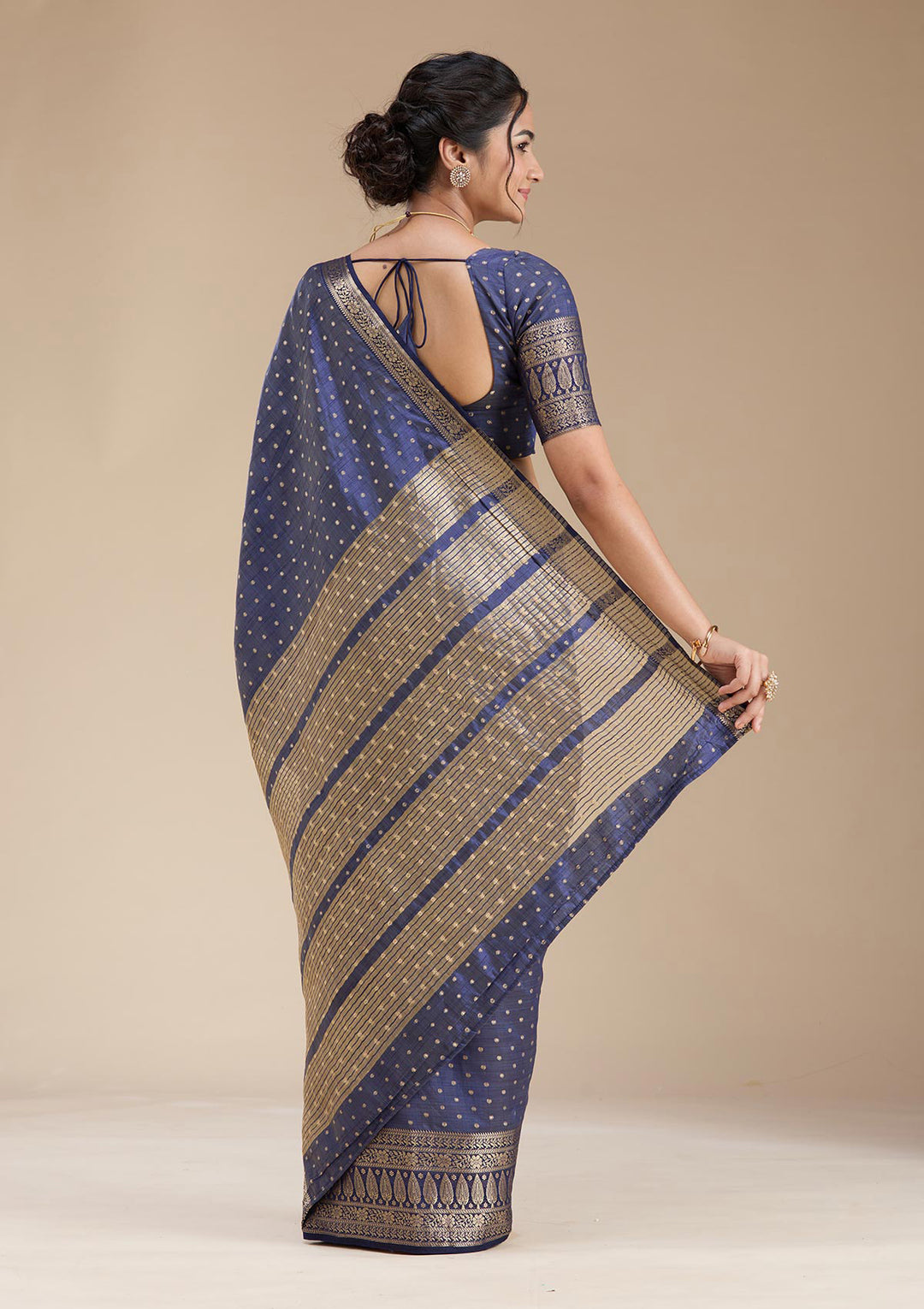 Navy Blue Silk Buti Gold Zariwork Saree With Matching Blouse Piece