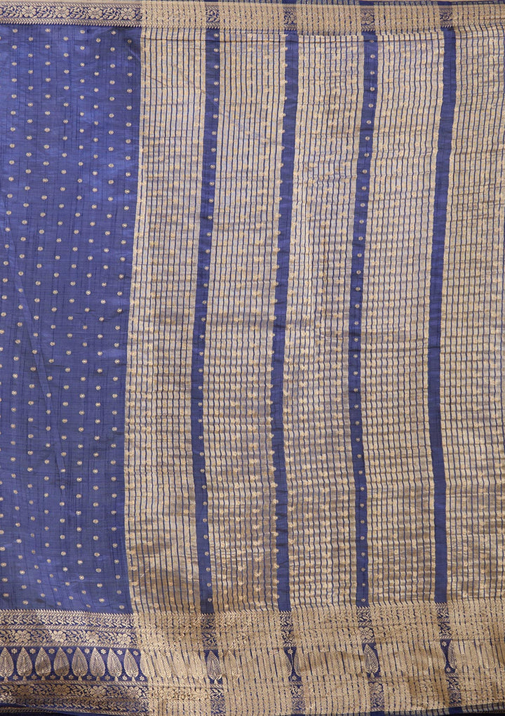 Navy Blue Silk Buti Gold Zariwork Saree With Matching Blouse Piece
