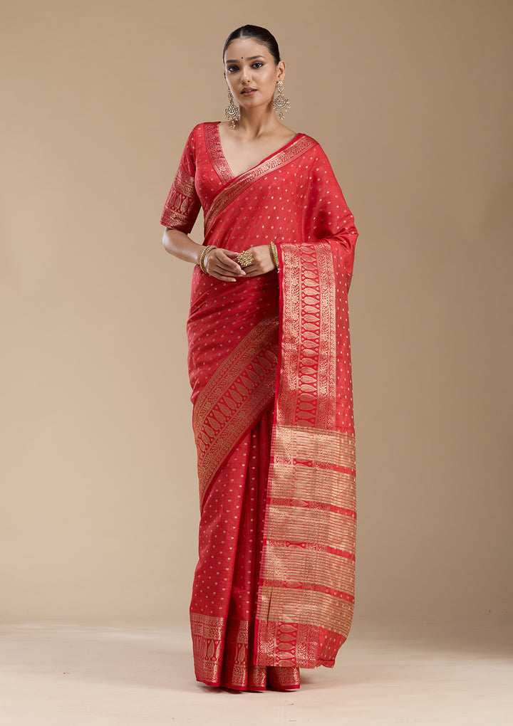 Red Silk Buti Gold Zariwork Saree With Matching Blouse Piece