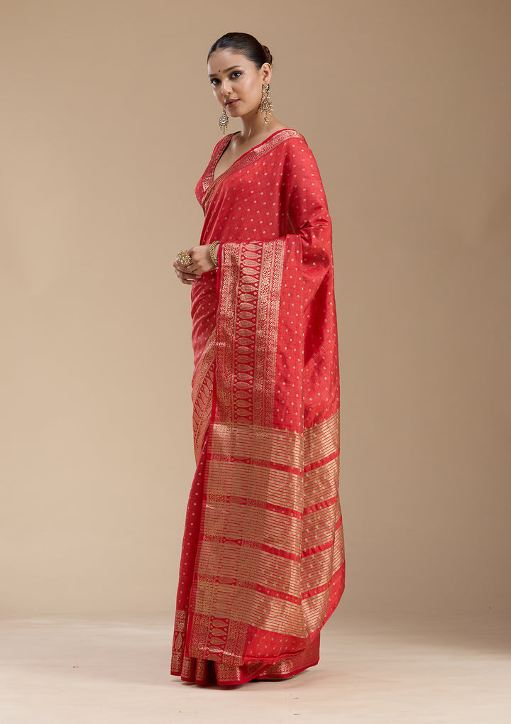 Red Silk Buti Gold Zariwork Saree With Matching Blouse Piece