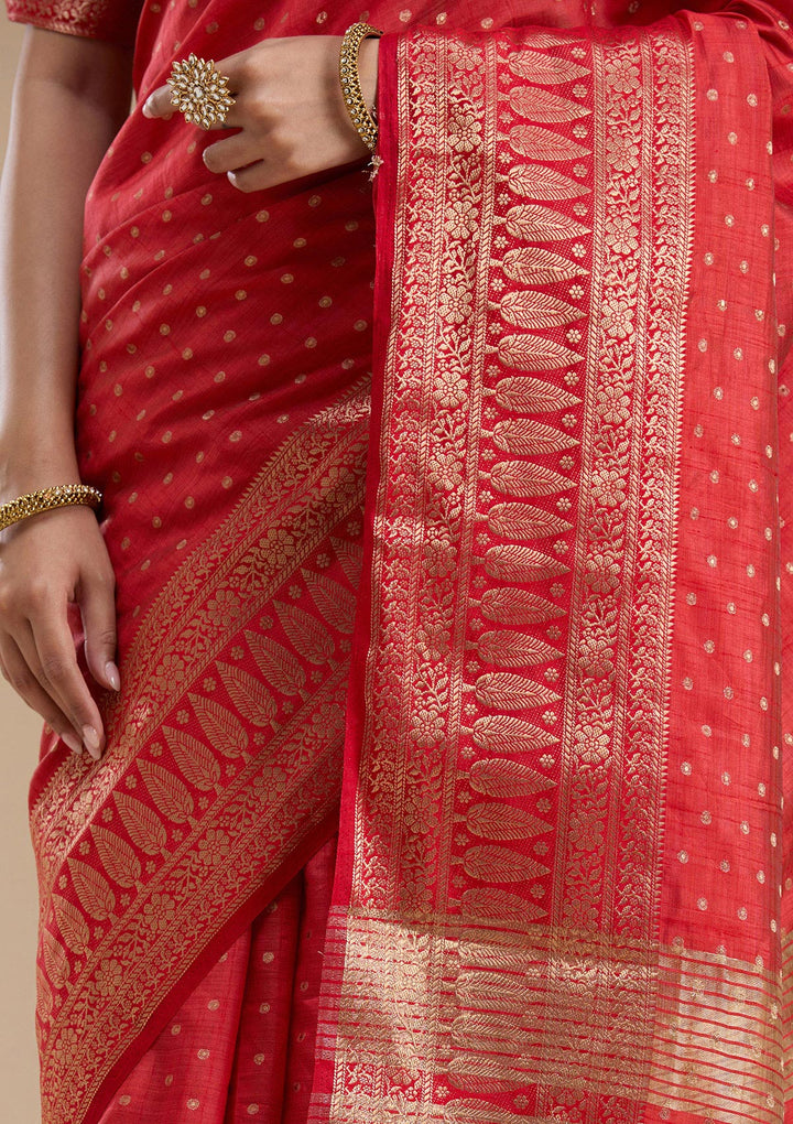 Red Silk Buti Gold Zariwork Saree With Matching Blouse Piece