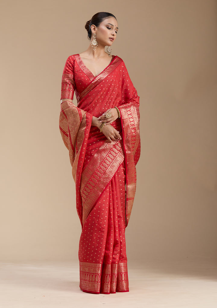 Red Silk Buti Gold Zariwork Saree With Matching Blouse Piece