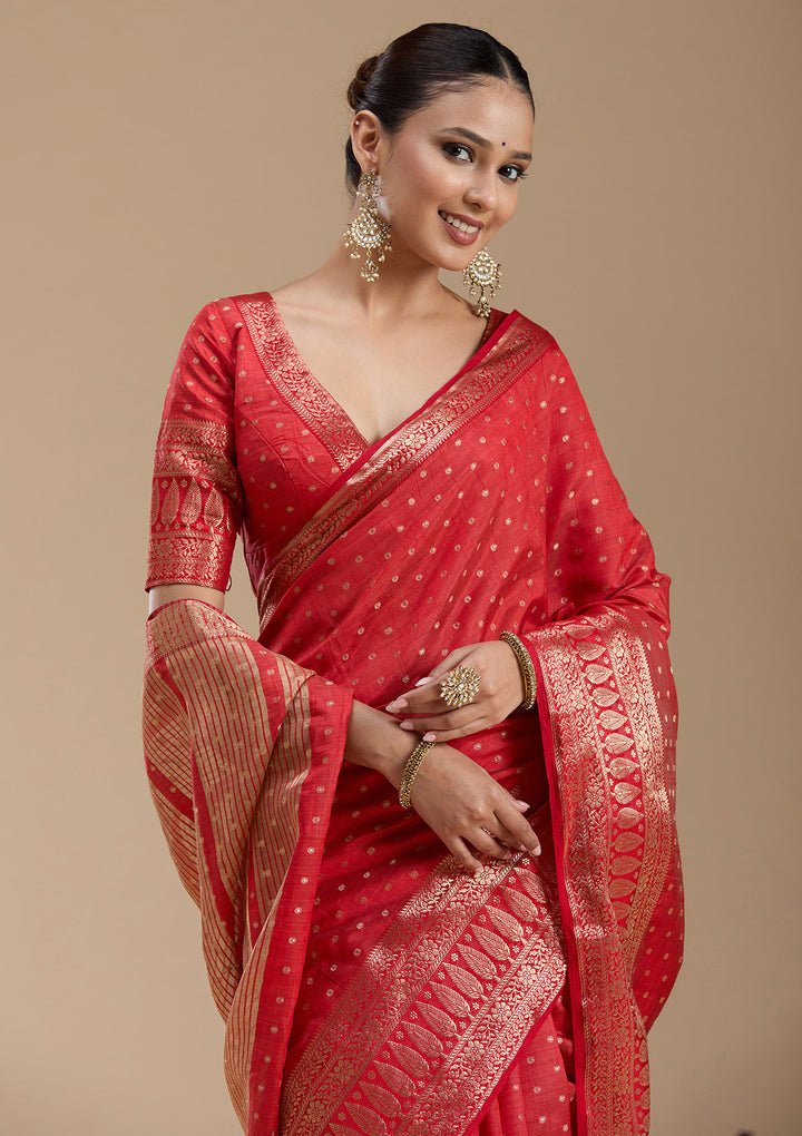 Red Silk Buti Gold Zariwork Saree With Matching Blouse Piece