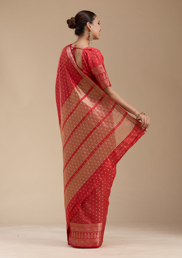 Red Silk Buti Gold Zariwork Saree With Matching Blouse Piece