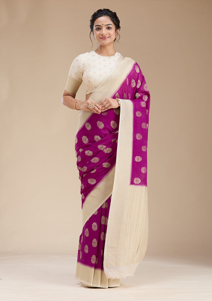 Wine Georgette Buti Gold Zariwork Saree With Matching Blouse Piece