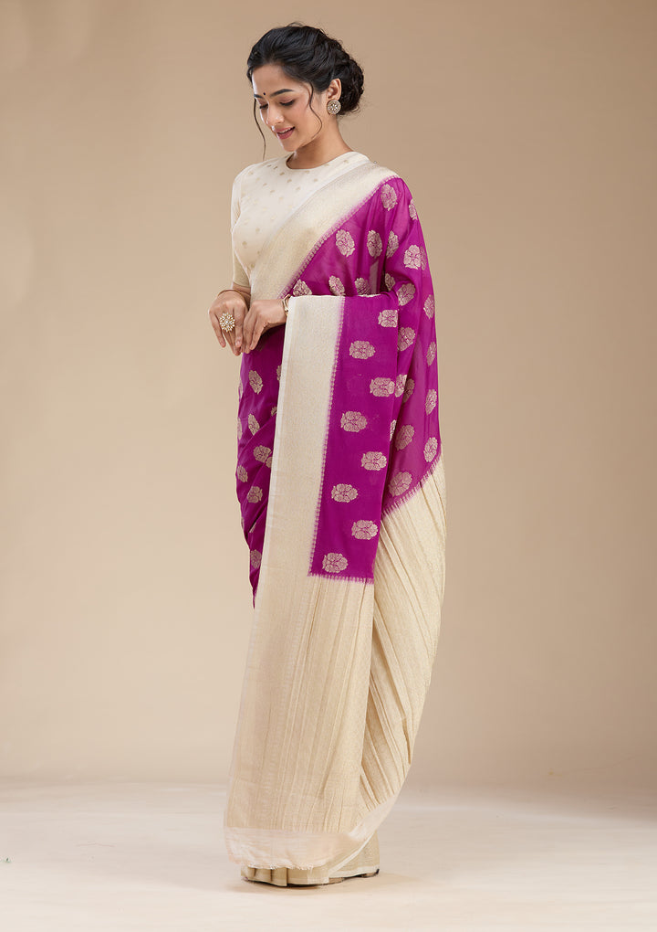 Wine Georgette Buti Gold Zariwork Saree With Matching Blouse Piece
