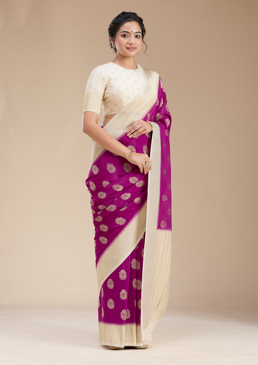 Wine Georgette Buti Gold Zariwork Saree With Matching Blouse Piece