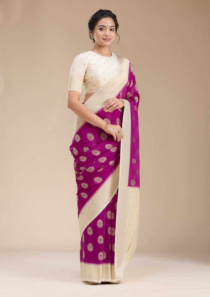 Wine Georgette Buti Gold Zariwork Saree With Matching Blouse Piece