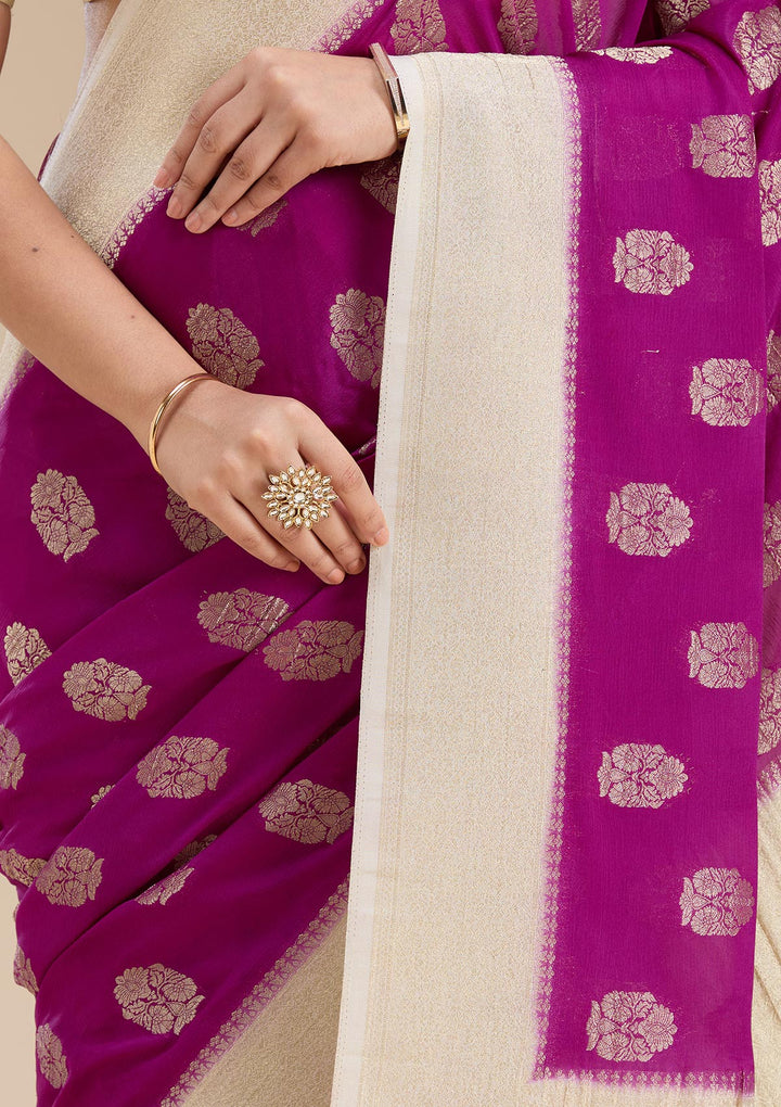Wine Georgette Buti Gold Zariwork Saree With Matching Blouse Piece
