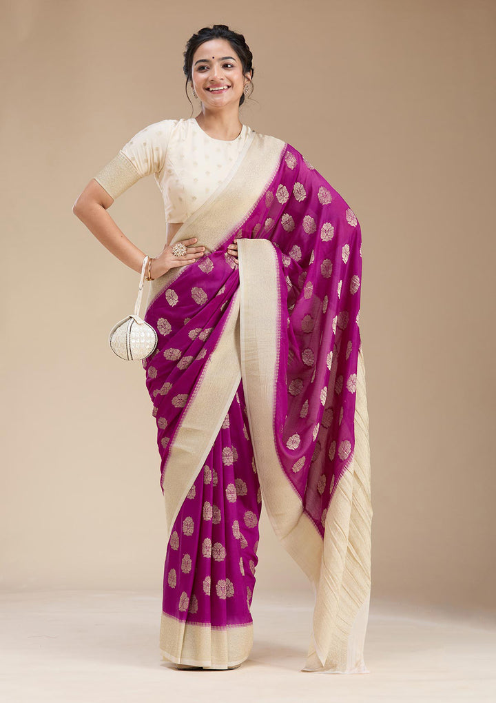 Wine Georgette Buti Gold Zariwork Saree With Matching Blouse Piece