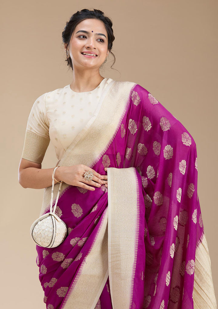Wine Georgette Buti Gold Zariwork Saree With Matching Blouse Piece
