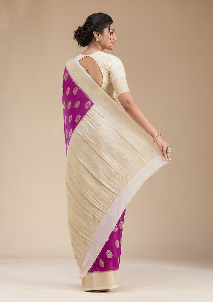 Wine Georgette Buti Gold Zariwork Saree With Matching Blouse Piece