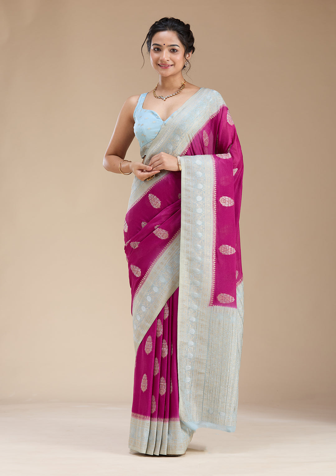 Magenta Pink Georgette Buti Gold Zariwork Saree With Matching Blouse Piece