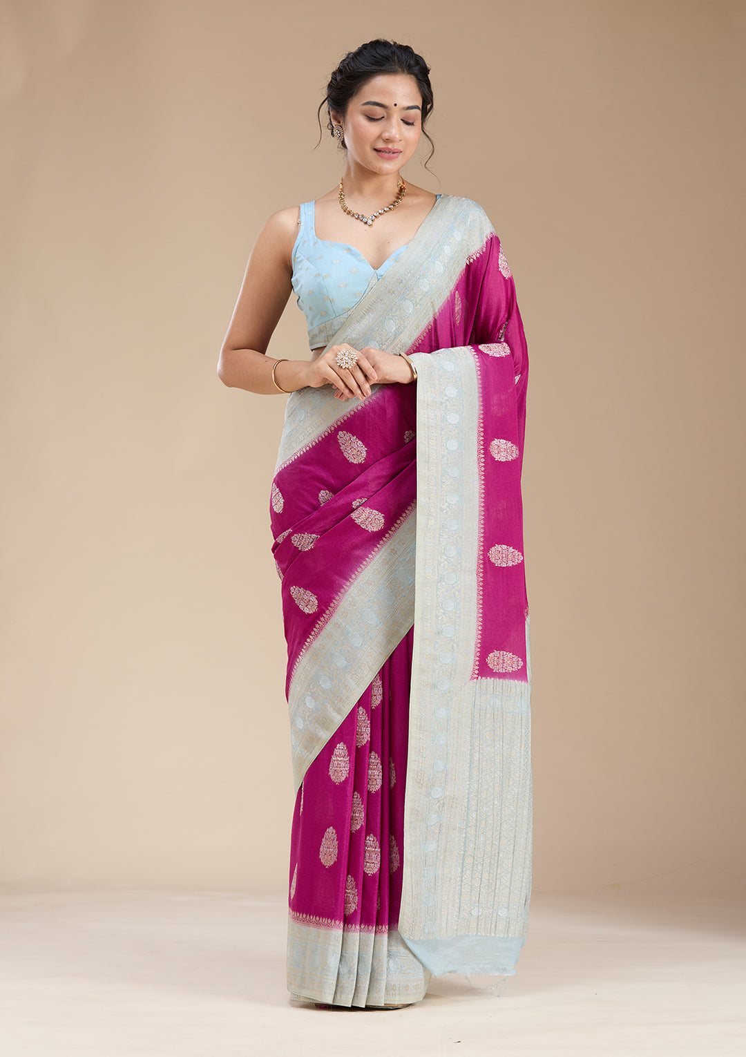Magenta Pink Georgette Buti Gold Zariwork Saree With Matching Blouse Piece