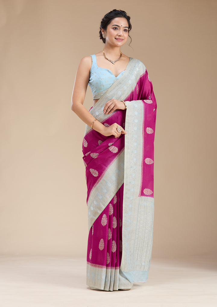 Magenta Pink Georgette Buti Gold Zariwork Saree With Matching Blouse Piece