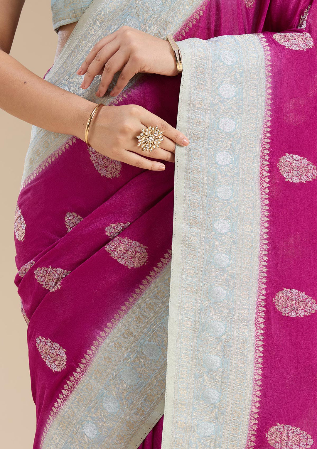 Magenta Pink Georgette Buti Gold Zariwork Saree With Matching Blouse Piece