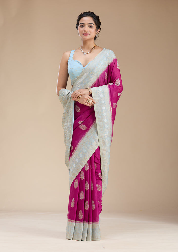 Magenta Pink Georgette Buti Gold Zariwork Saree With Matching Blouse Piece