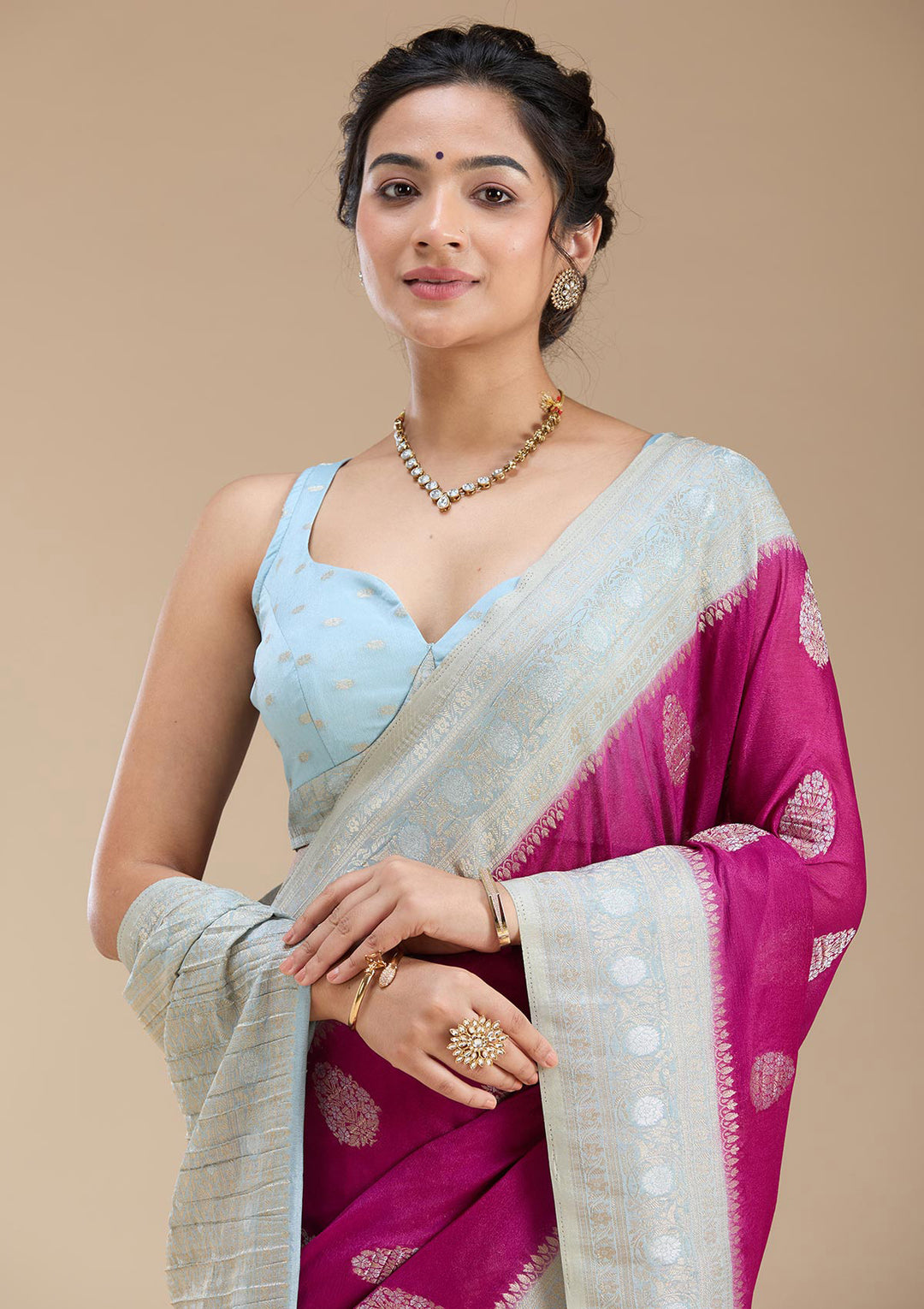 Magenta Pink Georgette Buti Gold Zariwork Saree With Matching Blouse Piece