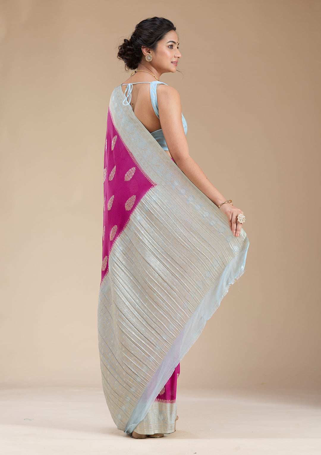 Magenta Pink Georgette Buti Gold Zariwork Saree With Matching Blouse Piece