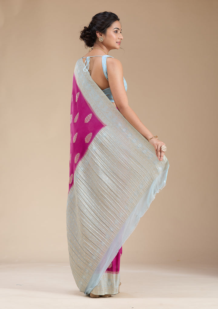 Magenta Pink Georgette Buti Gold Zariwork Saree With Matching Blouse Piece