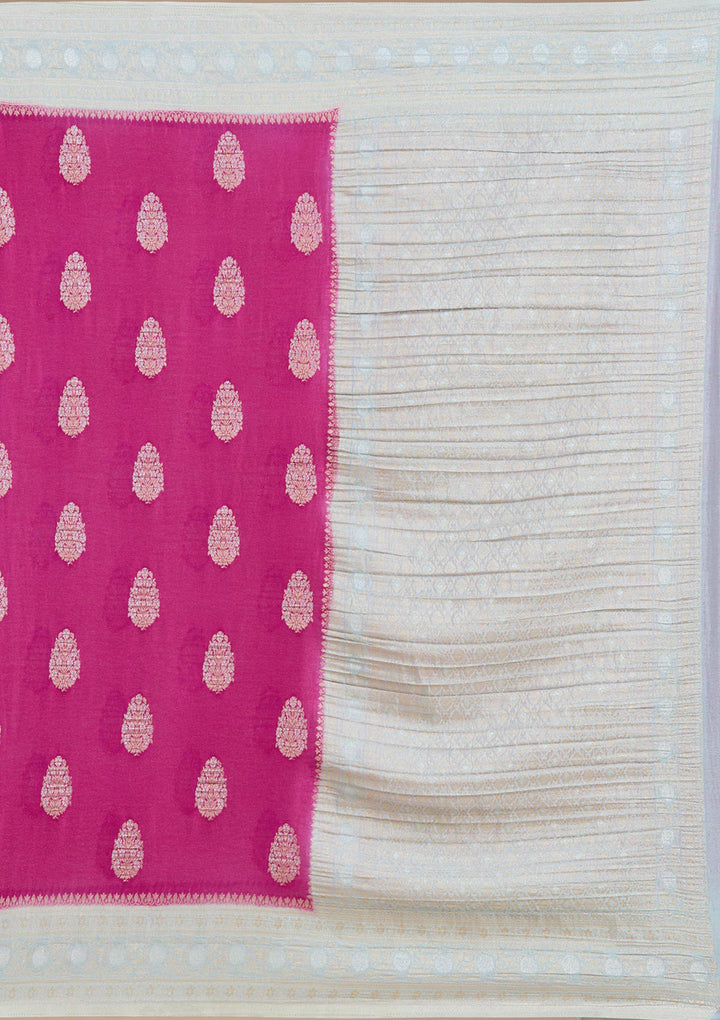 Magenta Pink Georgette Buti Gold Zariwork Saree With Matching Blouse Piece