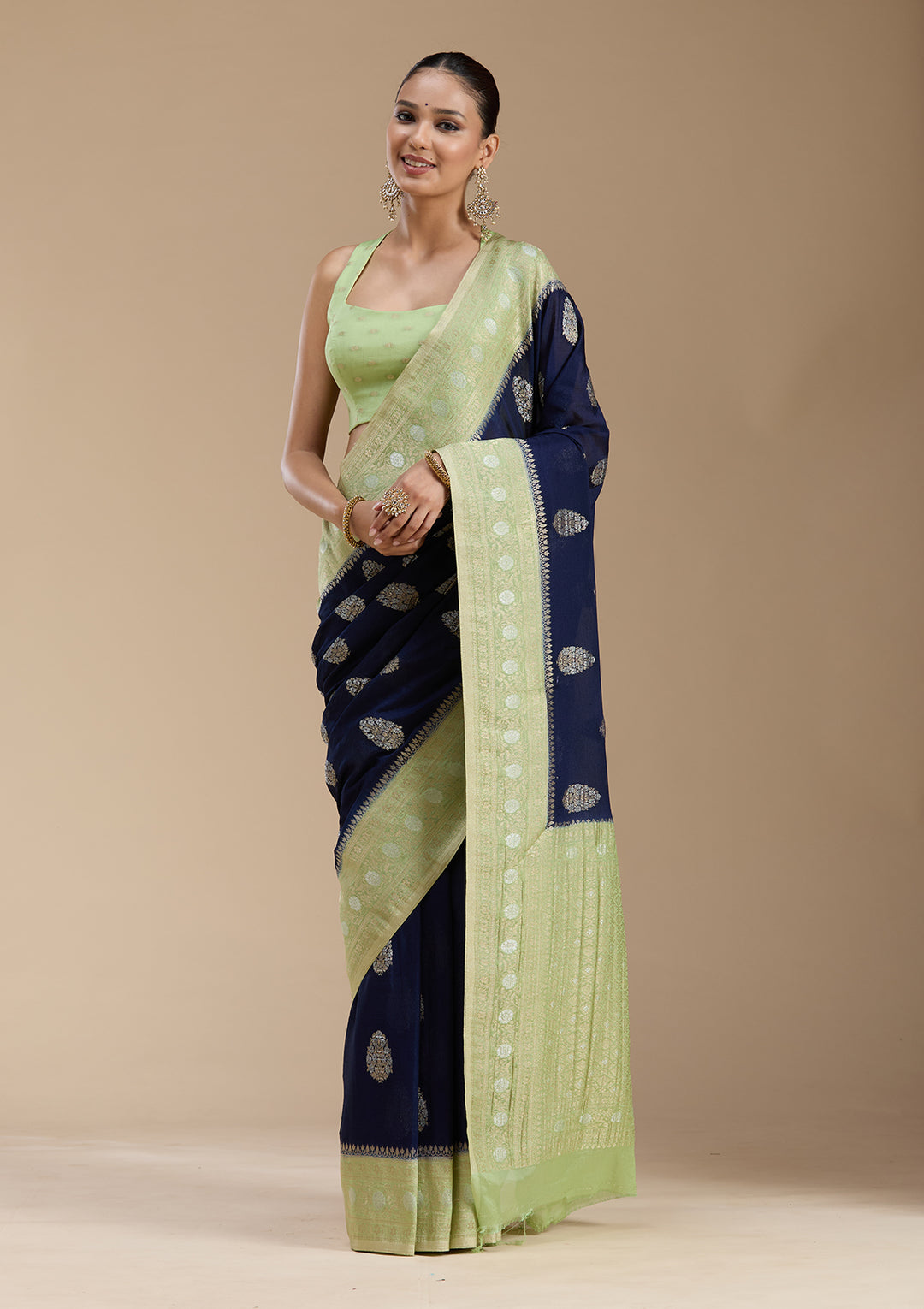 Navy Blue Georgette Buti Gold Zariwork Saree With Matching Blouse Piece