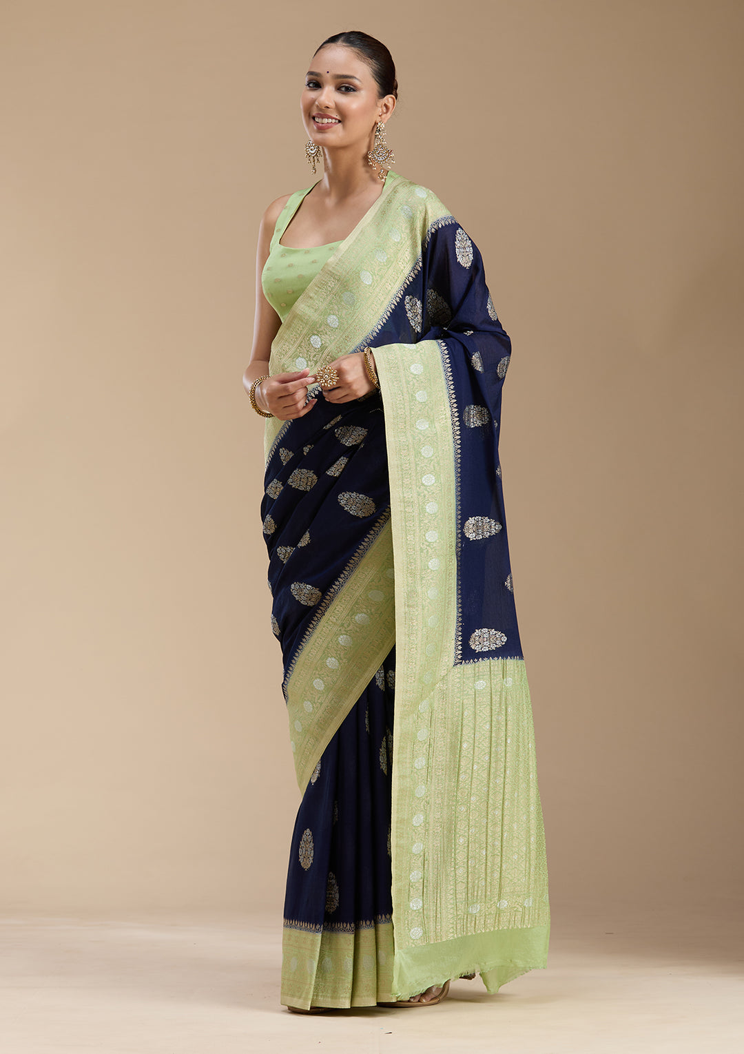 Navy Blue Georgette Buti Gold Zariwork Saree With Matching Blouse Piece