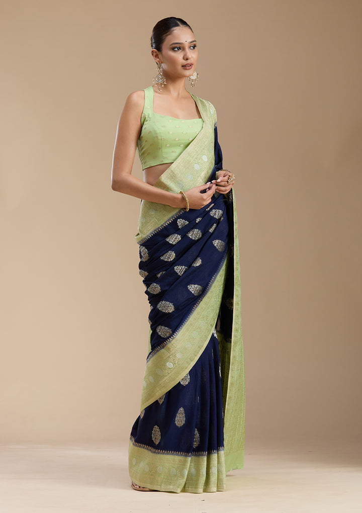 Navy Blue Georgette Buti Gold Zariwork Saree With Matching Blouse Piece