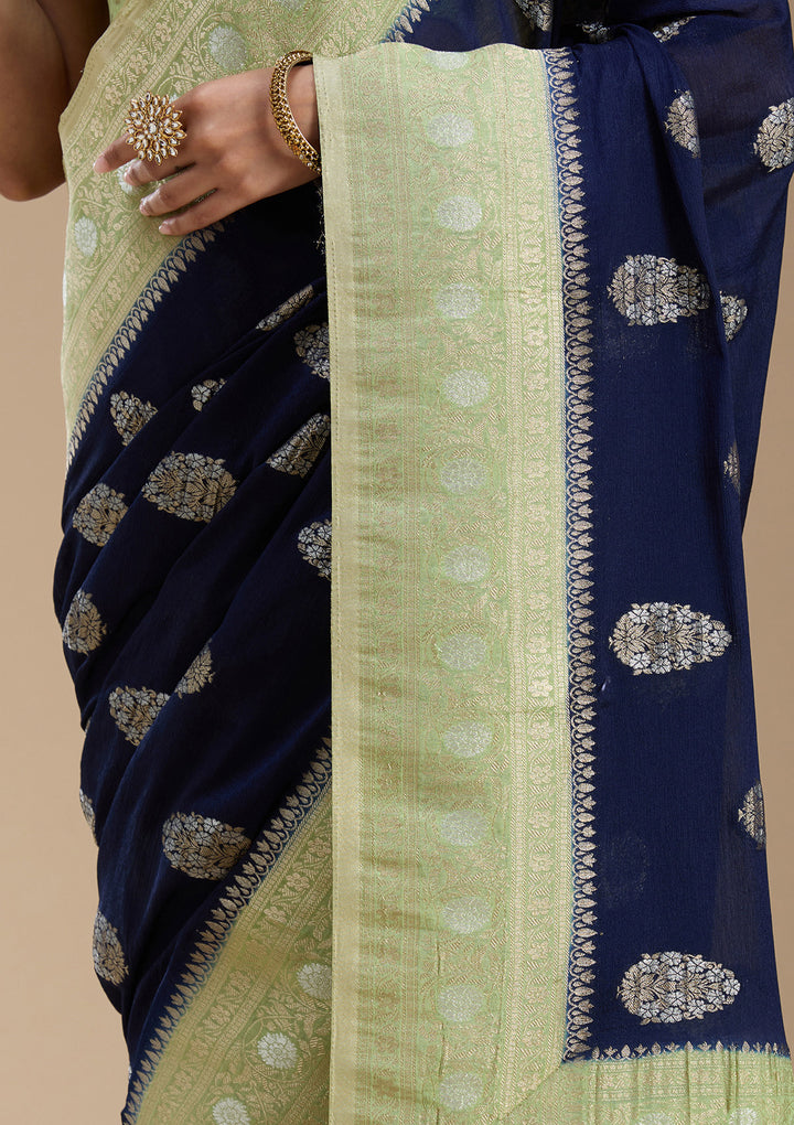 Navy Blue Georgette Buti Gold Zariwork Saree With Matching Blouse Piece