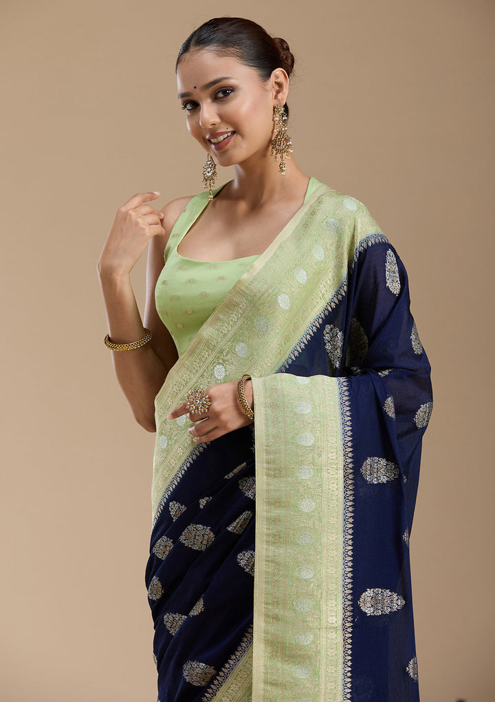 Navy Blue Georgette Buti Gold Zariwork Saree With Matching Blouse Piece