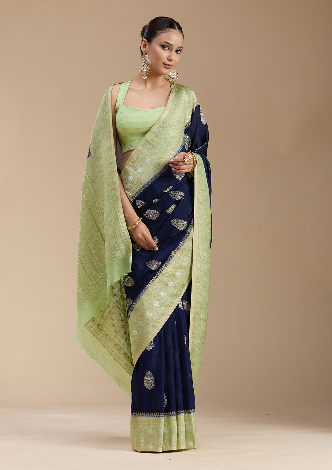 Navy Blue Georgette Buti Gold Zariwork Saree With Matching Blouse Piece