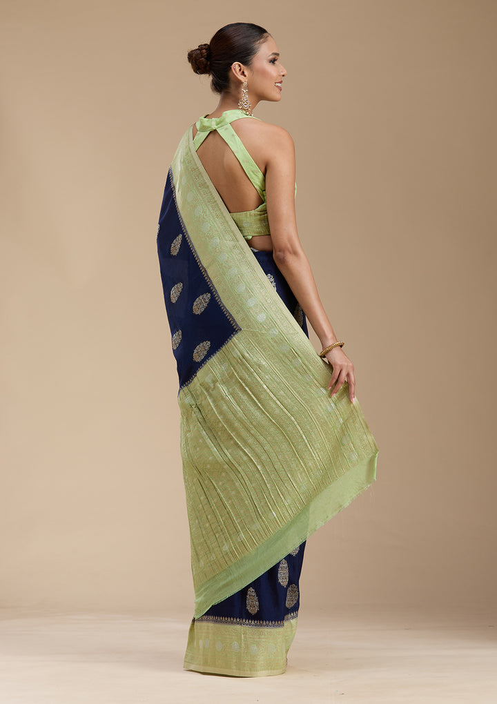 Navy Blue Georgette Buti Gold Zariwork Saree With Matching Blouse Piece