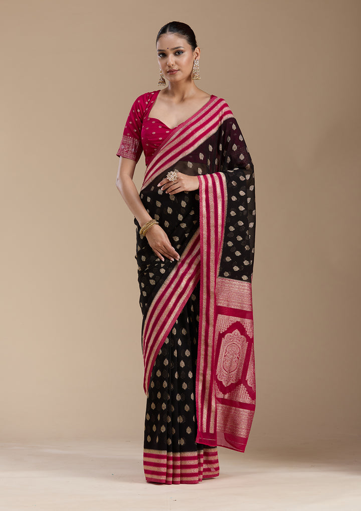 Black Georgette Buti Gold Zariwork Saree With Matching Blouse Piece