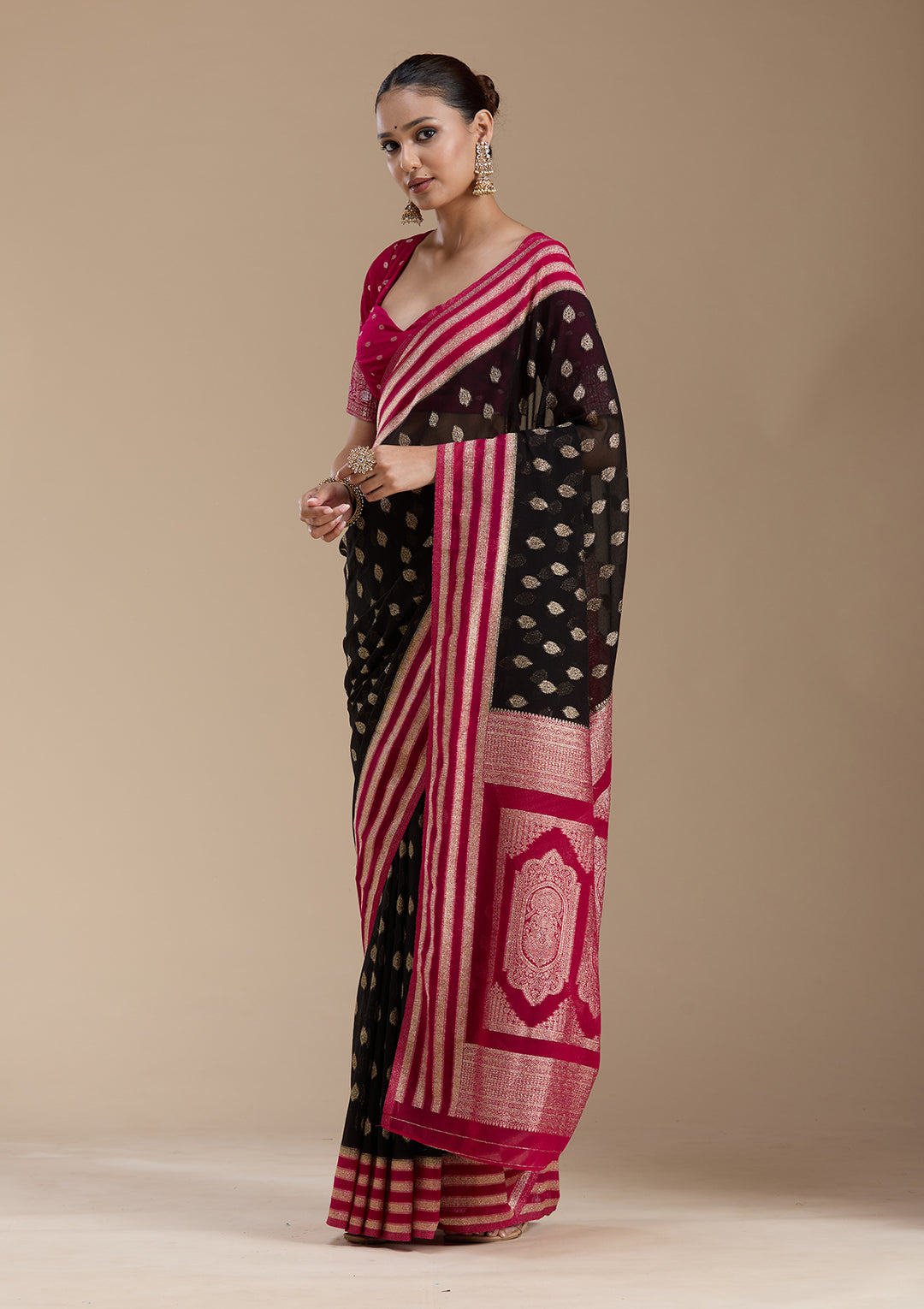 Black Georgette Buti Gold Zariwork Saree With Matching Blouse Piece